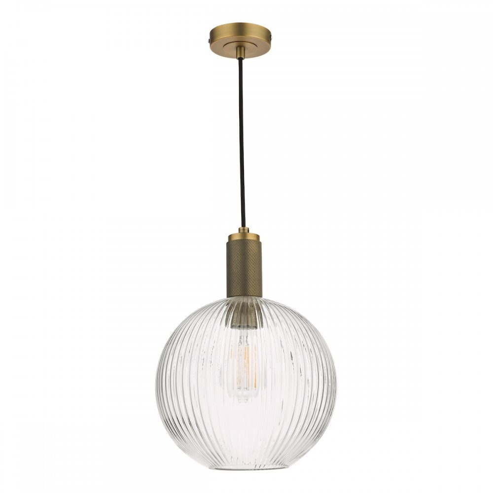 NIK0140-E02 Nikolas Pendant Natural Solid Brass Ribbed Round Glass