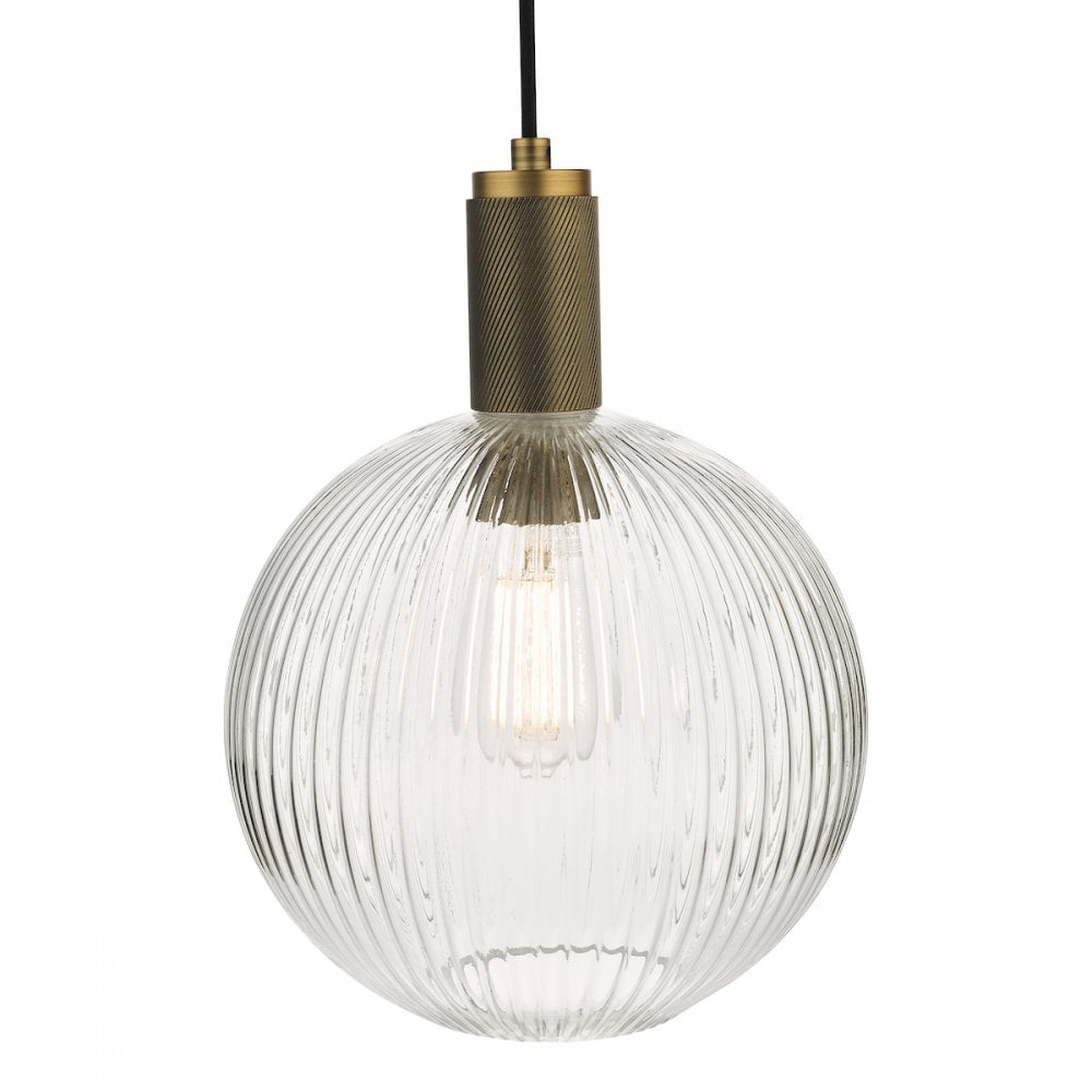 NIK0140-E02 Nikolas Pendant Natural Solid Brass Ribbed Round Glass