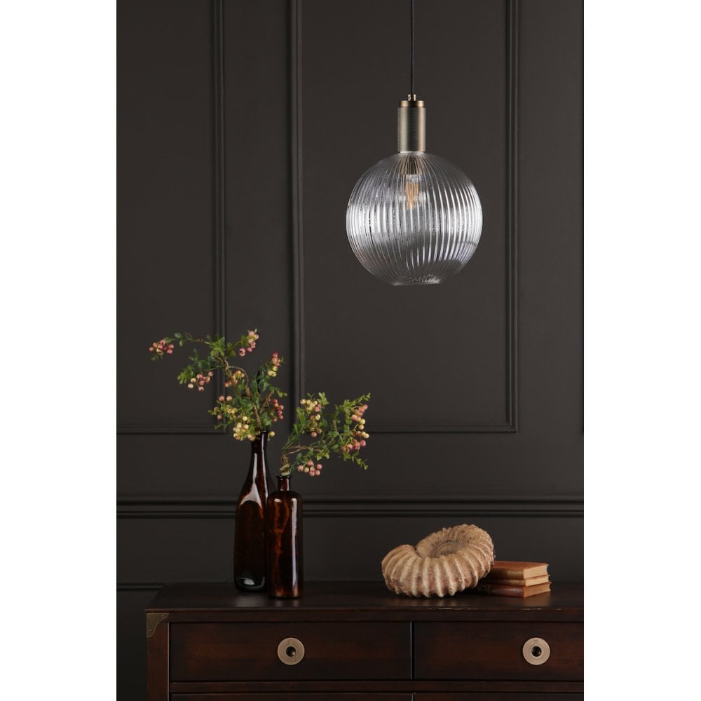 NIK0140-E02 Nikolas Pendant Natural Solid Brass Ribbed Round Glass