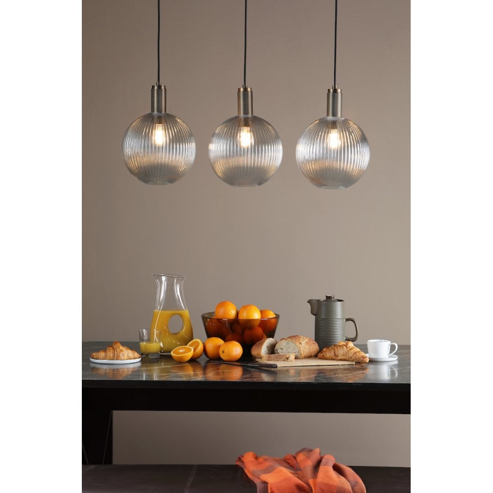 NIK0140-E02 Nikolas Pendant Natural Solid Brass Ribbed Round Glass