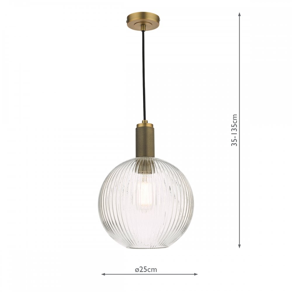 NIK0140-E02 Nikolas Pendant Natural Solid Brass Ribbed Round Glass