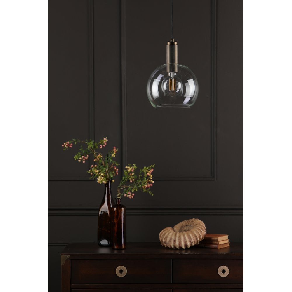 NIK0140-E03 Nikolas Pendant Natural Solid Brass Round Clear Glass