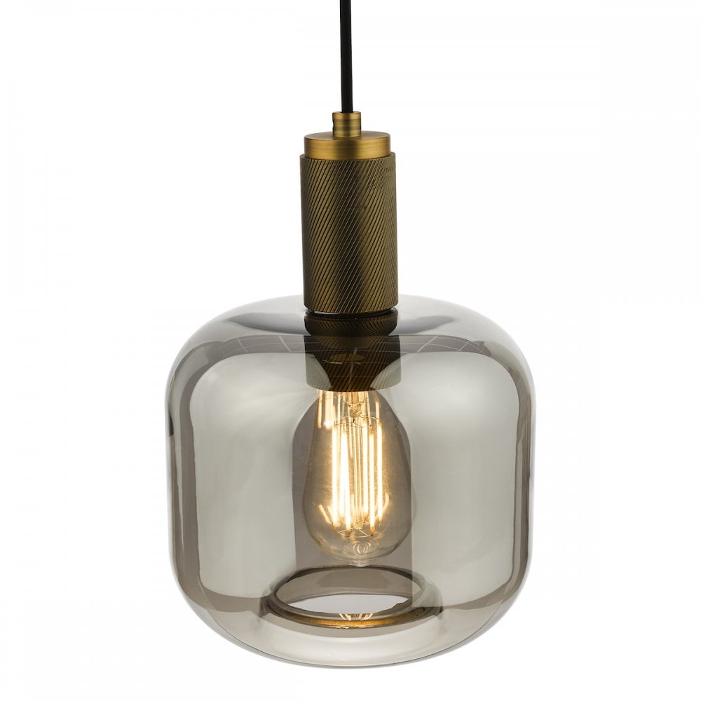 NIK0140-E05 Nikolas Pendant Natural Solid Brass Smoked Glass