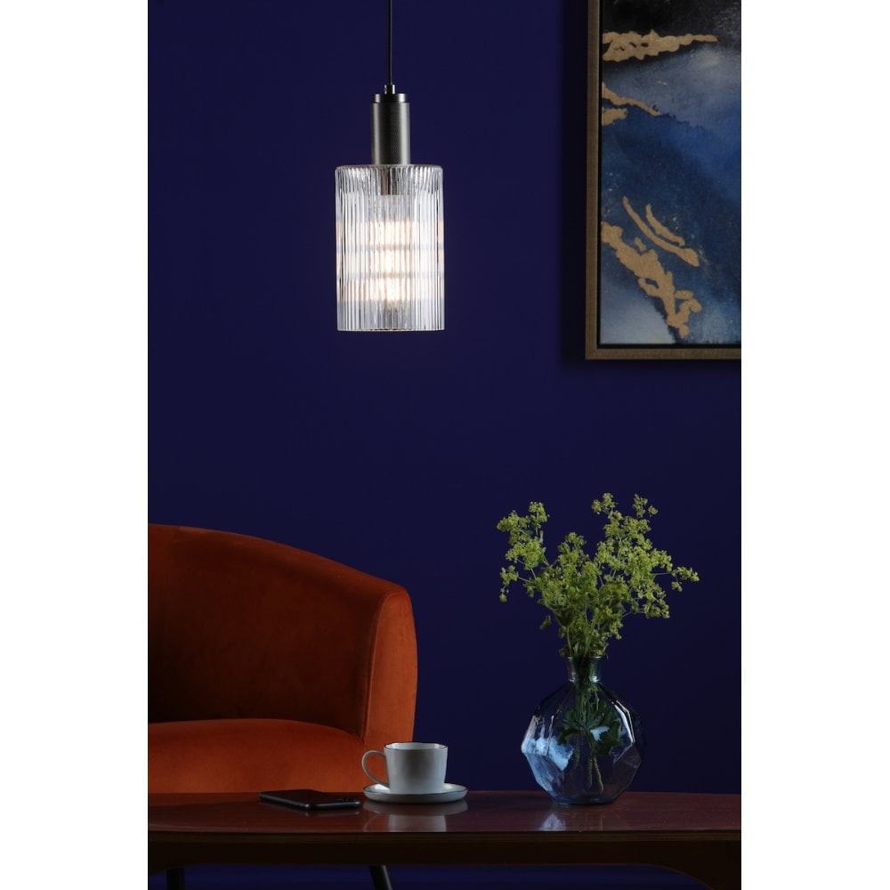 NIK0167-E01 Nikolas Pendant Polished Nickel Ribbed Cylinder Glass
