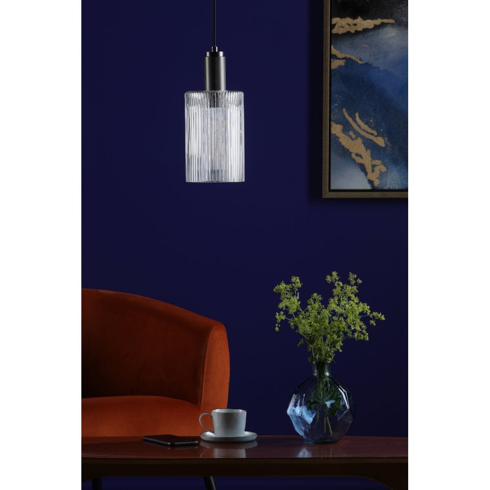NIK0167-E01 Nikolas Pendant Polished Nickel Ribbed Cylinder Glass