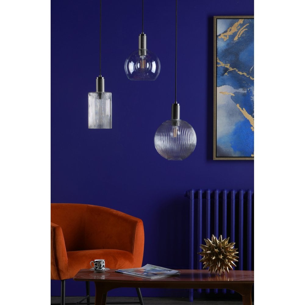 NIK0167-E01 Nikolas Pendant Polished Nickel Ribbed Cylinder Glass