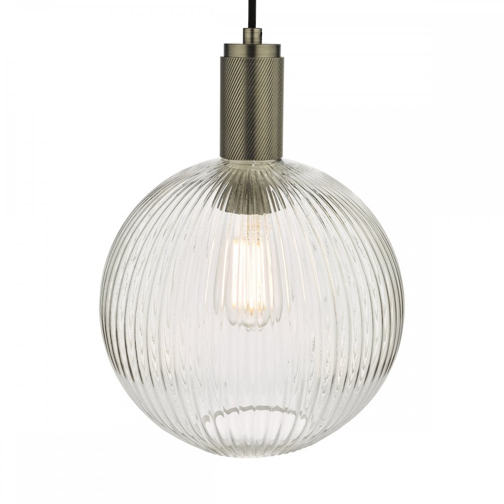 NIK0167-E02 Nikolas Pendant Antique Chrome Ribbed Round Glass