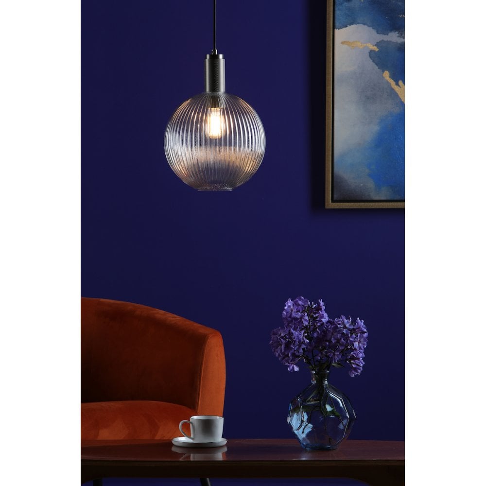 NIK0167-E02 Nikolas Pendant Antique Chrome Ribbed Round Glass