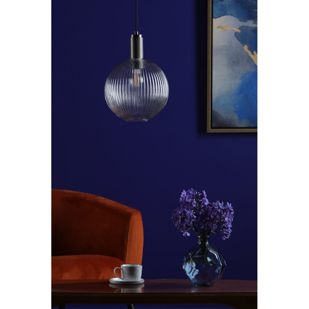 NIK0167-E02 Nikolas Pendant Antique Chrome Ribbed Round Glass