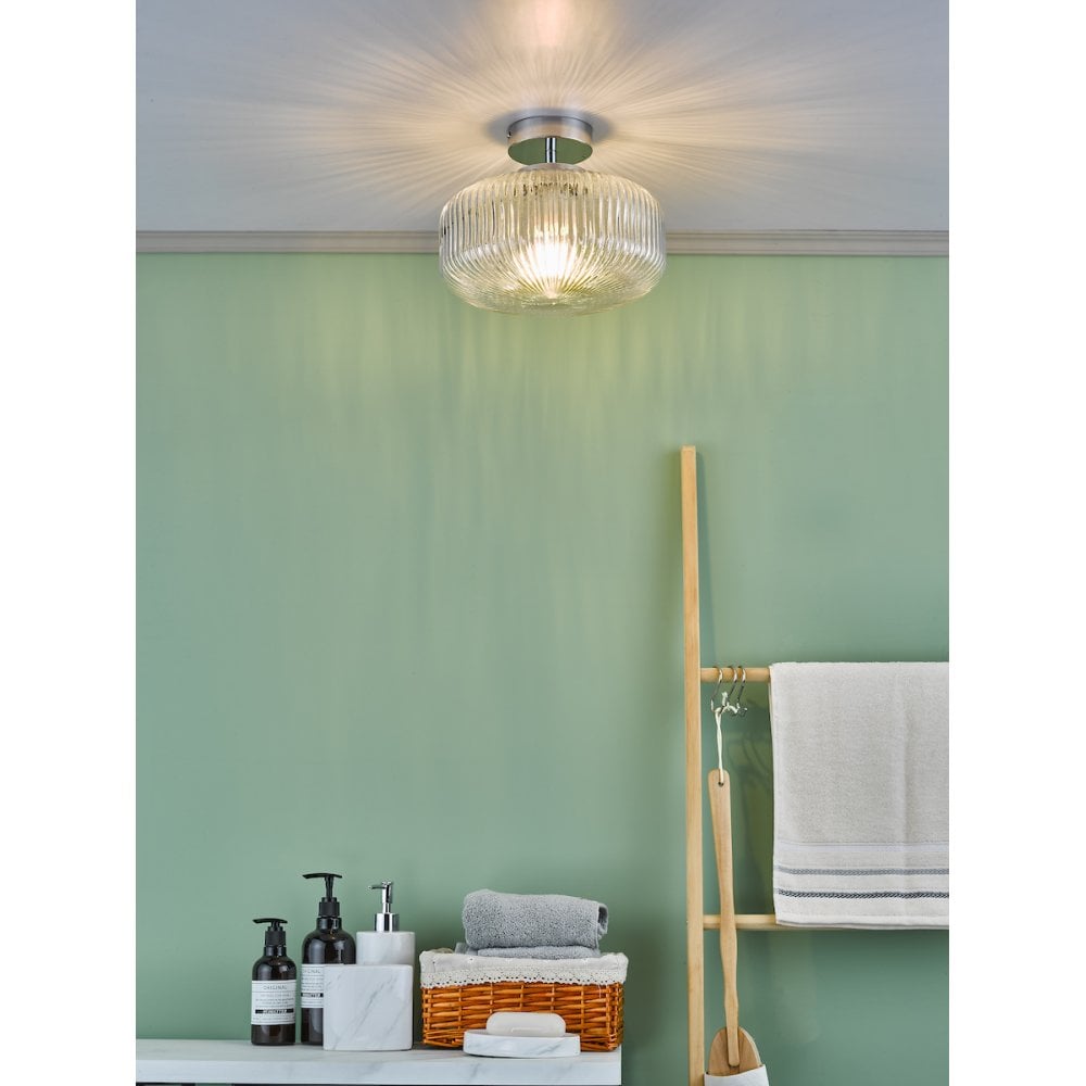 RIV5208 Riva Bathroom Semi Flush Ceiling Light Ribbed Glass Polished Chrome