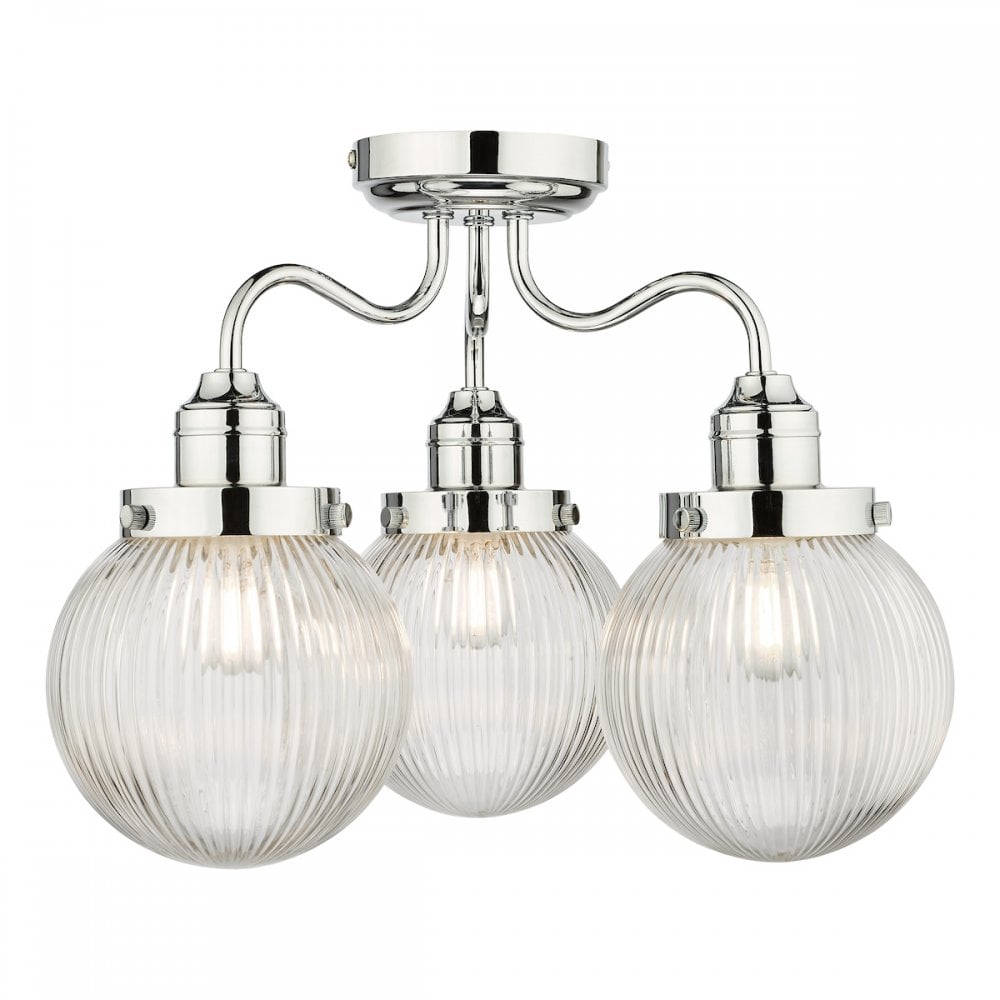 Tamara 3 Light Bathroom Semi Flush Polished Chrome Ribbed Glass