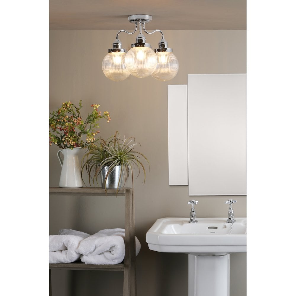 Tamara 3 Light Bathroom Semi Flush Polished Chrome Ribbed Glass