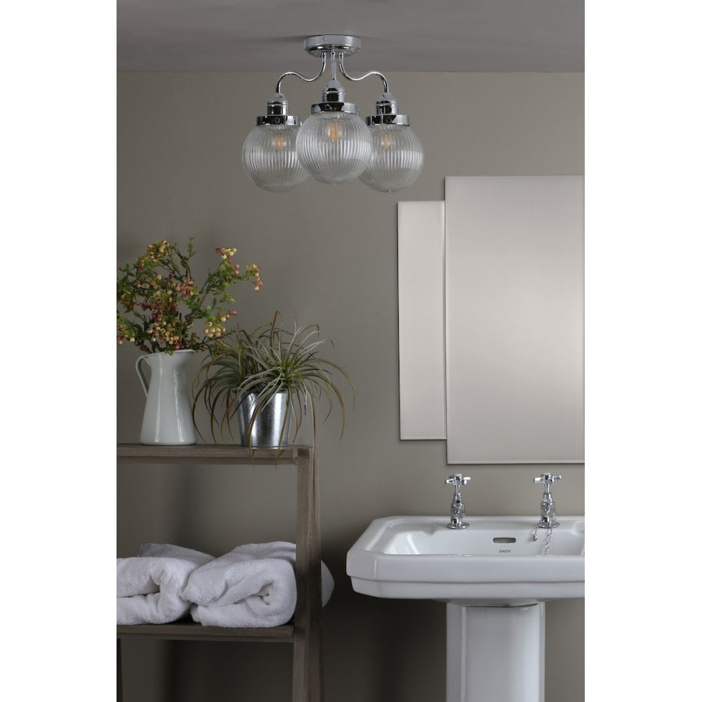 Tamara 3 Light Bathroom Semi Flush Polished Chrome Ribbed Glass