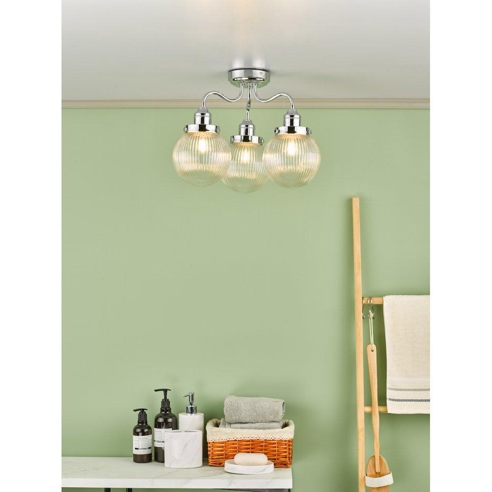 Tamara 3 Light Bathroom Semi Flush Polished Chrome Ribbed Glass