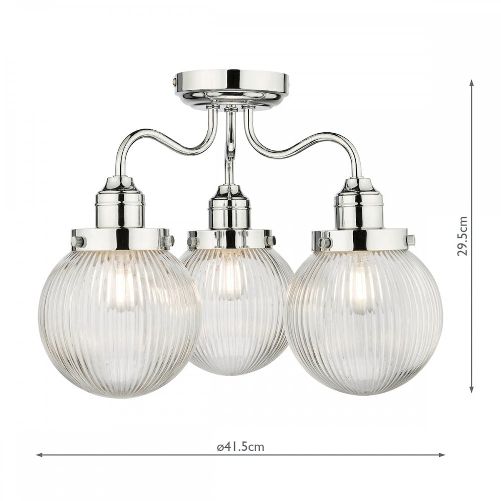 Tamara 3 Light Bathroom Semi Flush Polished Chrome Ribbed Glass