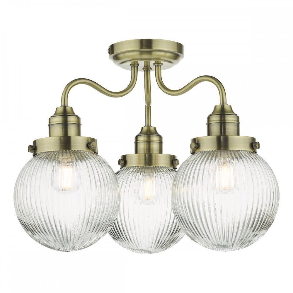 Tamara 3 Light Bathroom Semi Flush Antique Brass Ribbed Glass