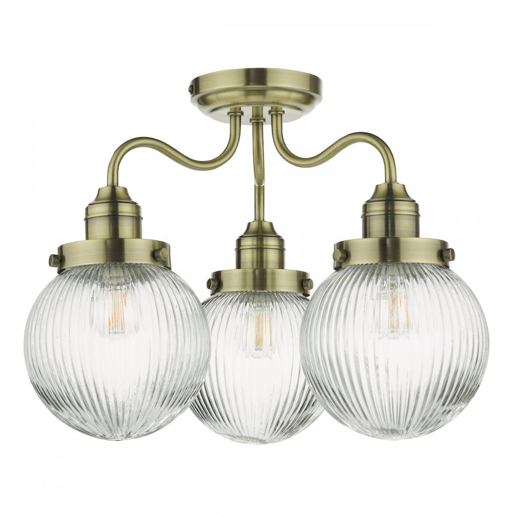 Tamara 3 Light Bathroom Semi Flush Antique Brass Ribbed Glass