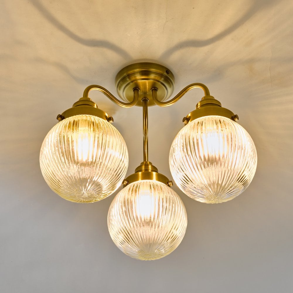 Tamara 3 Light Bathroom Semi Flush Antique Brass Ribbed Glass