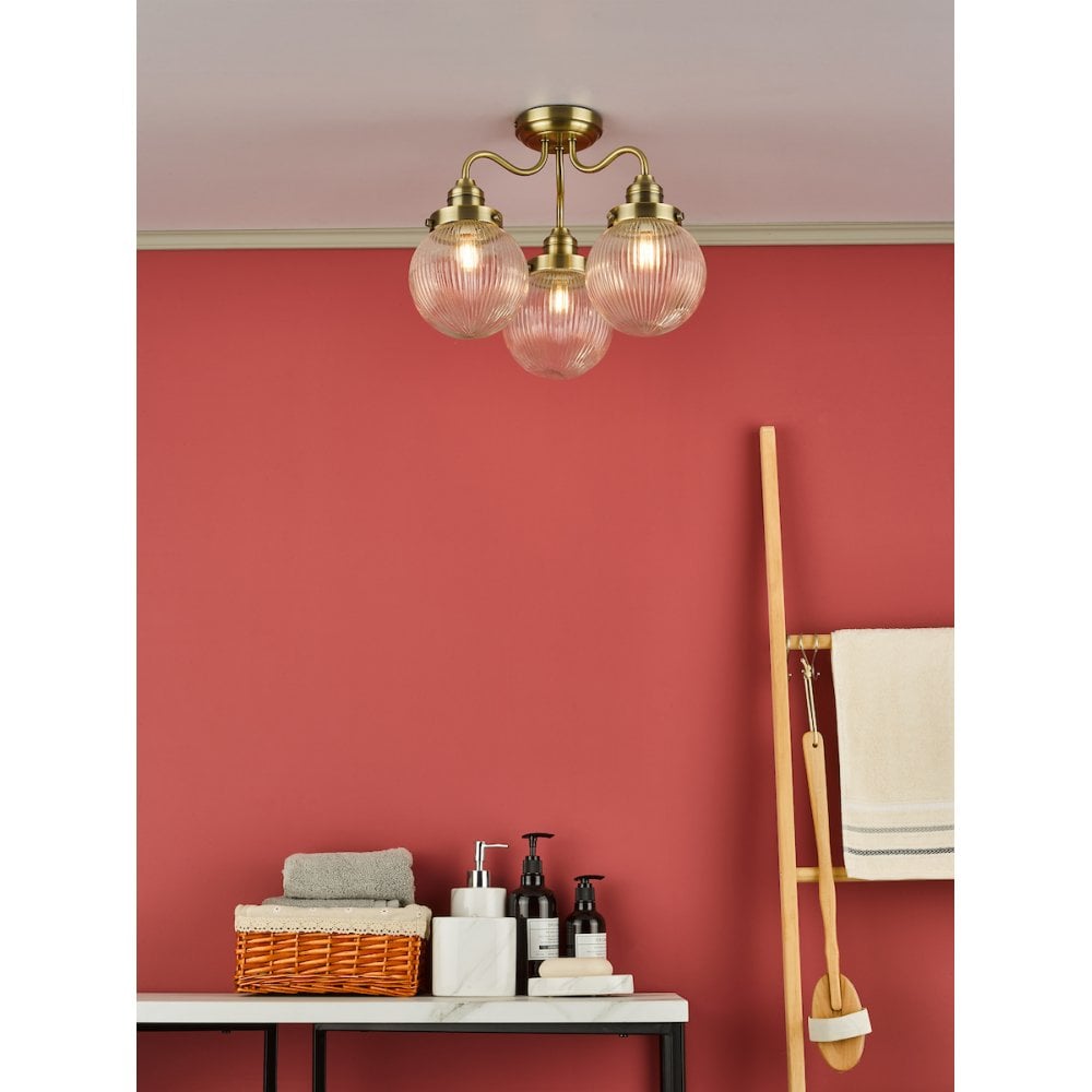 Tamara 3 Light Bathroom Semi Flush Antique Brass Ribbed Glass