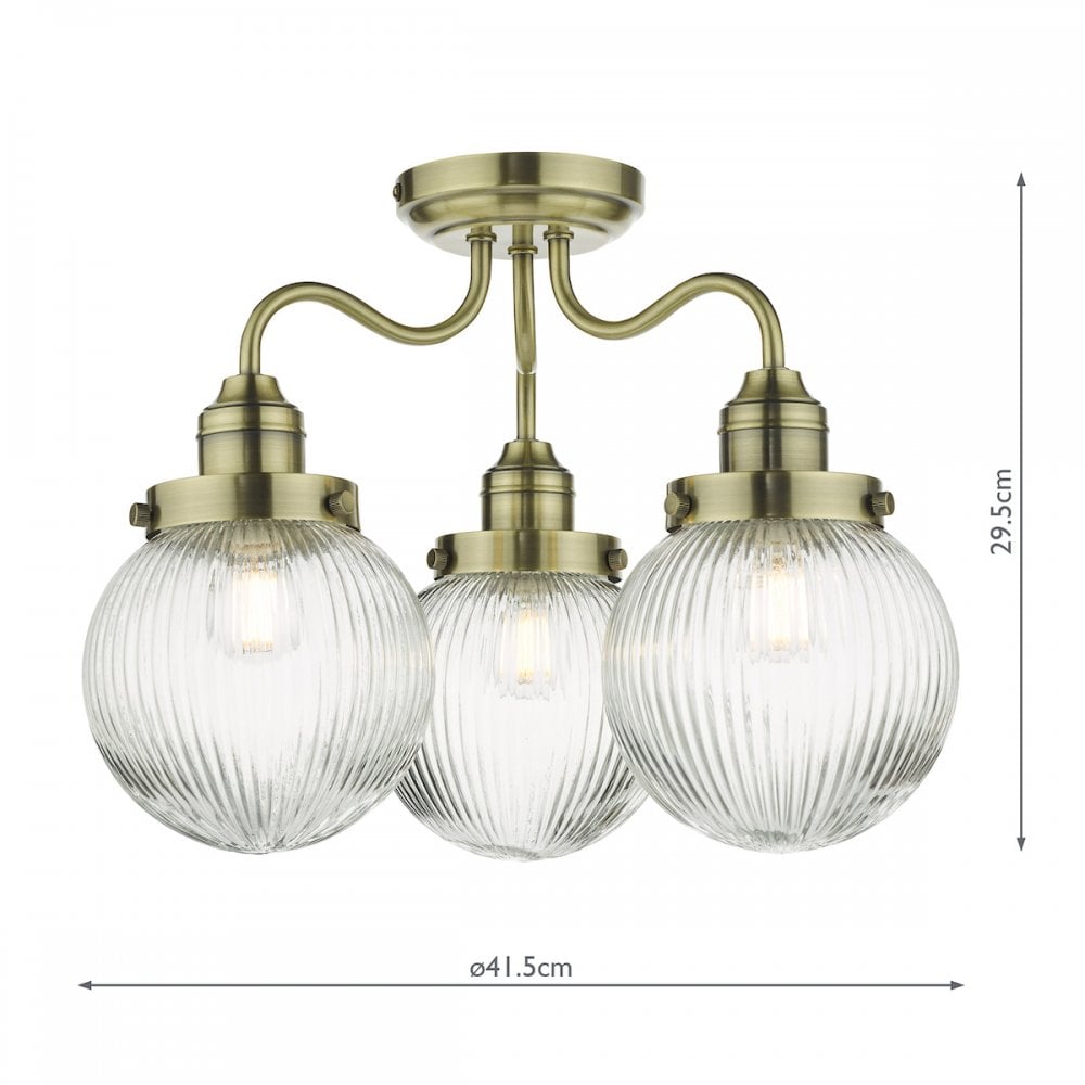 Tamara 3 Light Bathroom Semi Flush Antique Brass Ribbed Glass