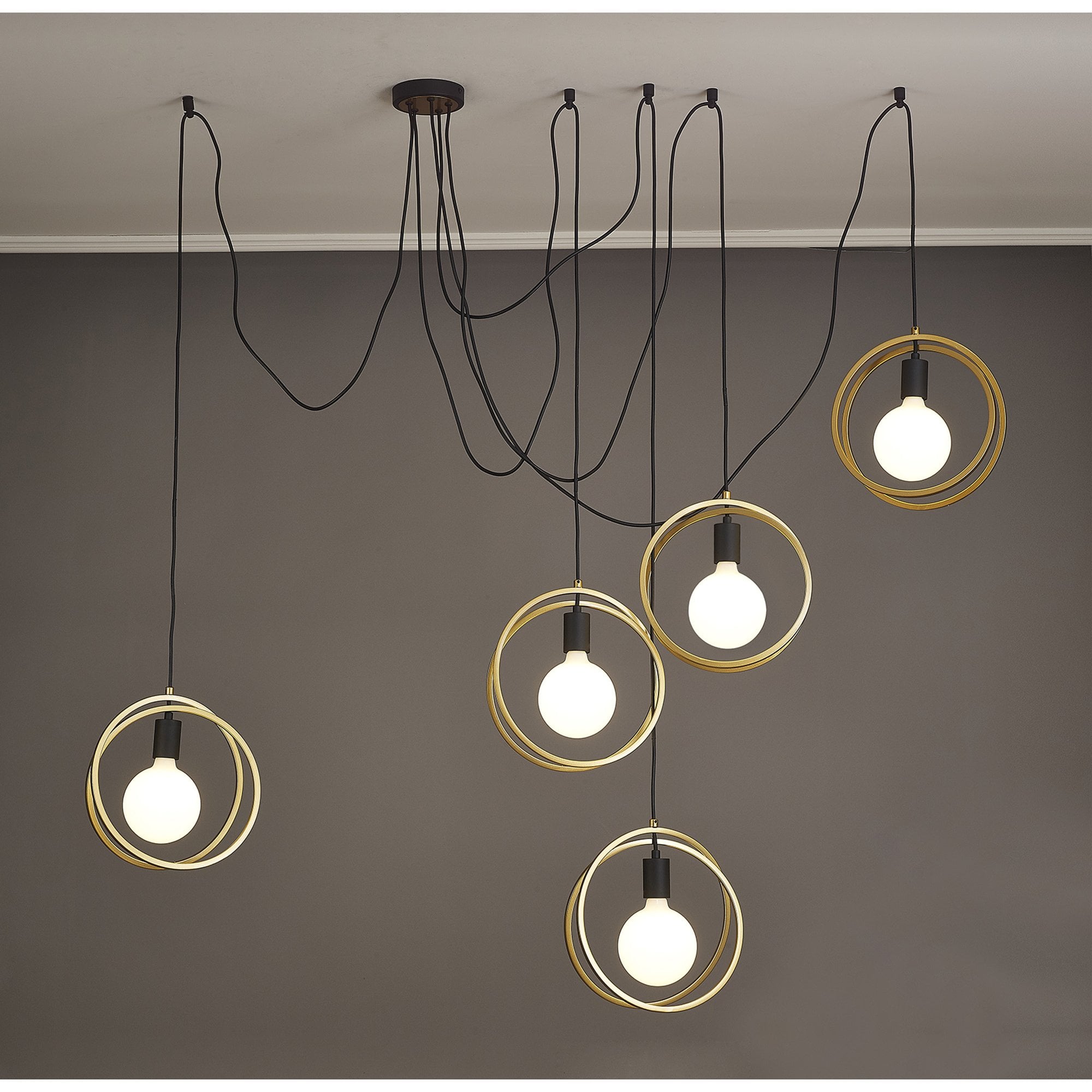 NL86739 Candio 5 Light Double Ring Multi Pendant Matt Black Painted Gold