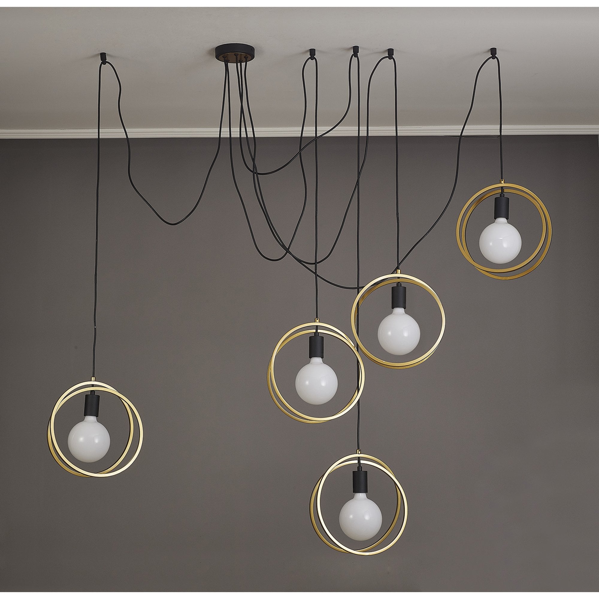NL86739 Candio 5 Light Double Ring Multi Pendant Matt Black Painted Gold