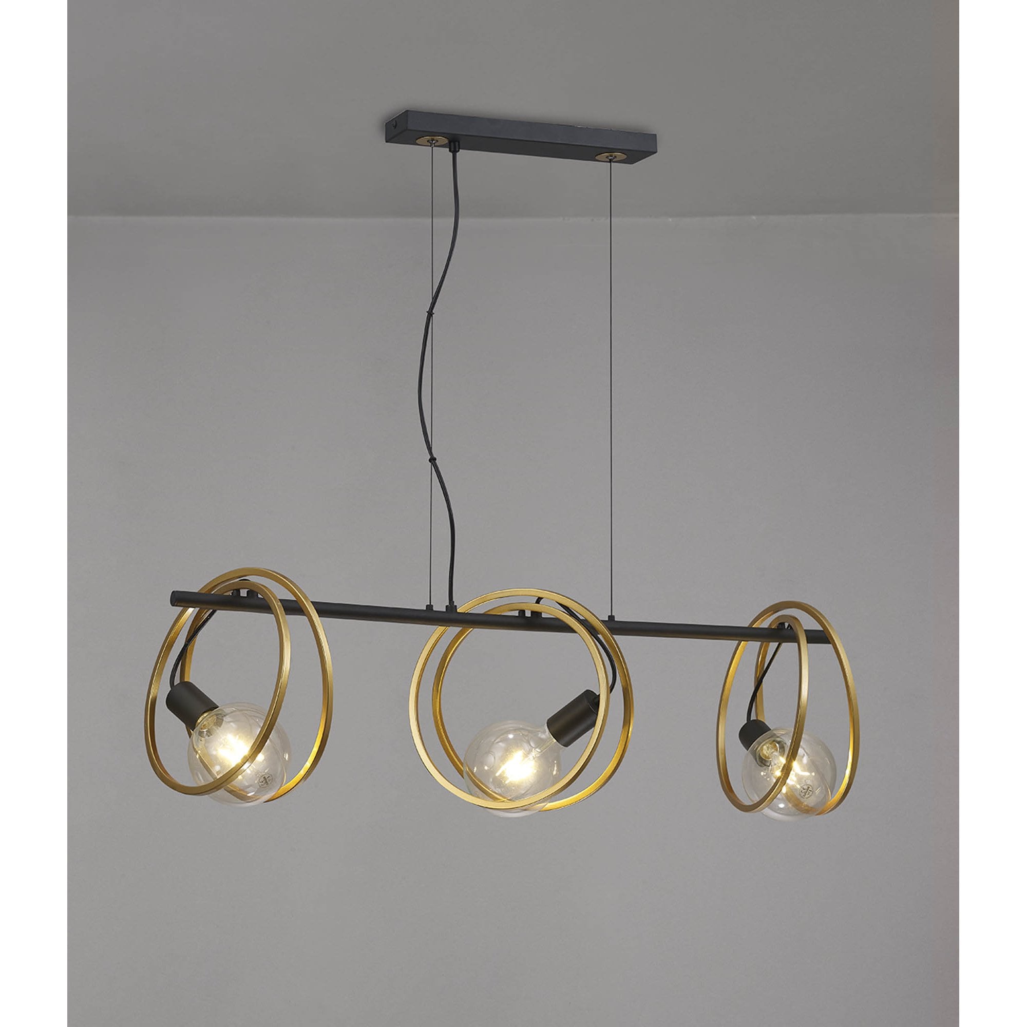 NL86749 Candio 3 Light Double Ring Linear Pendant Matt Black Painted Gold