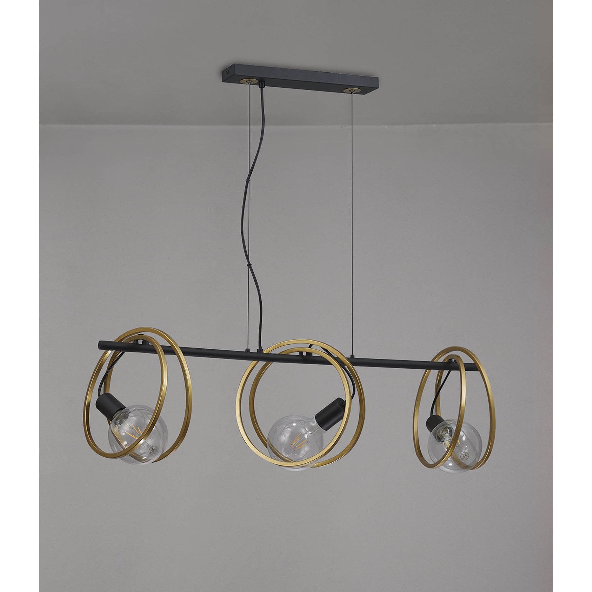 NL86749 Candio 3 Light Double Ring Linear Pendant Matt Black Painted Gold