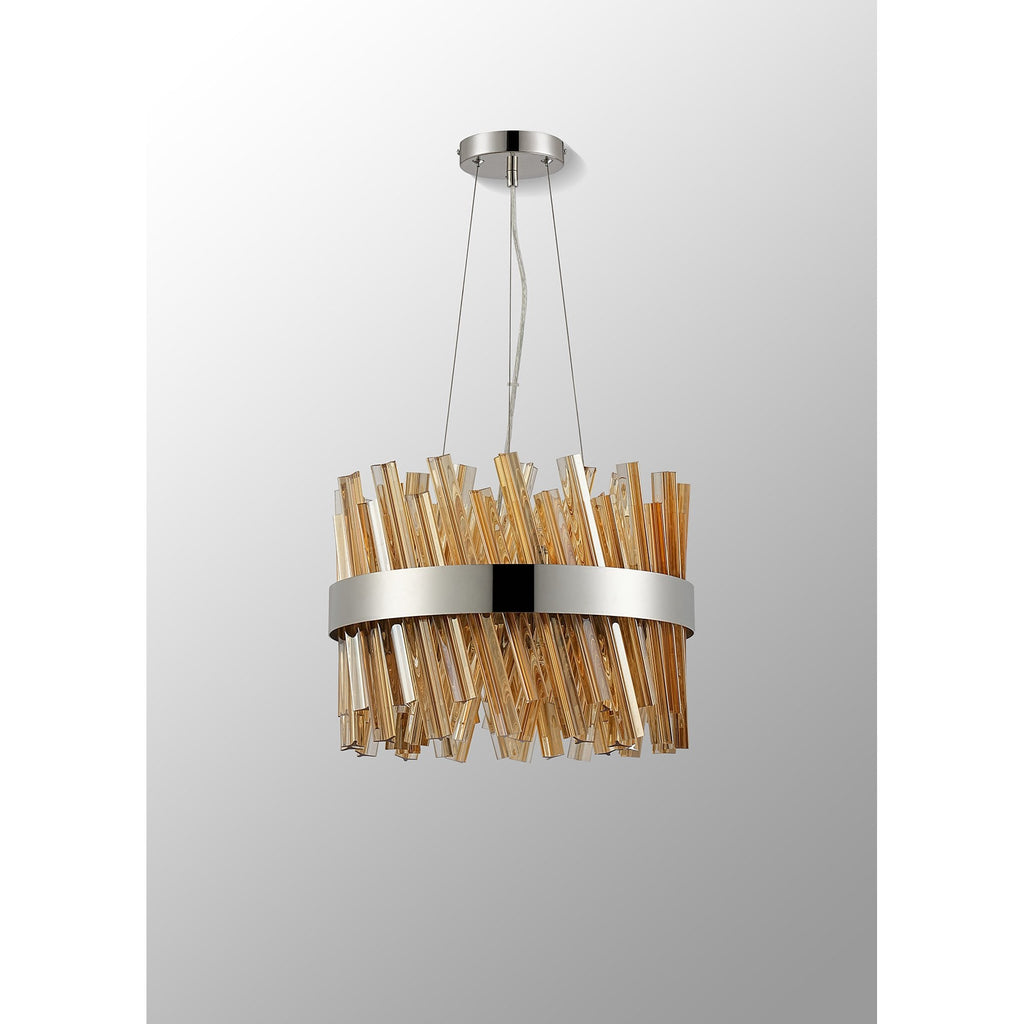 NL9498PN/AM9 Kaffer 10 Light Round Pendant Polished Nickel Amber