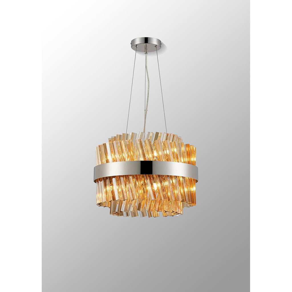 NL9498PN/AM9 Kaffer 10 Light Round Pendant Polished Nickel Amber