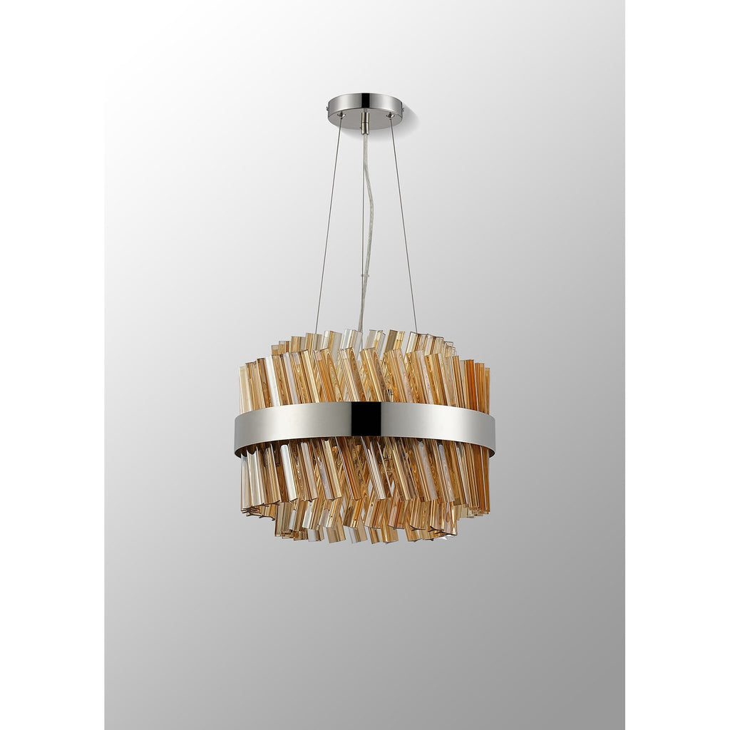 NL9498PN/AM9 Kaffer 10 Light Round Pendant Polished Nickel Amber