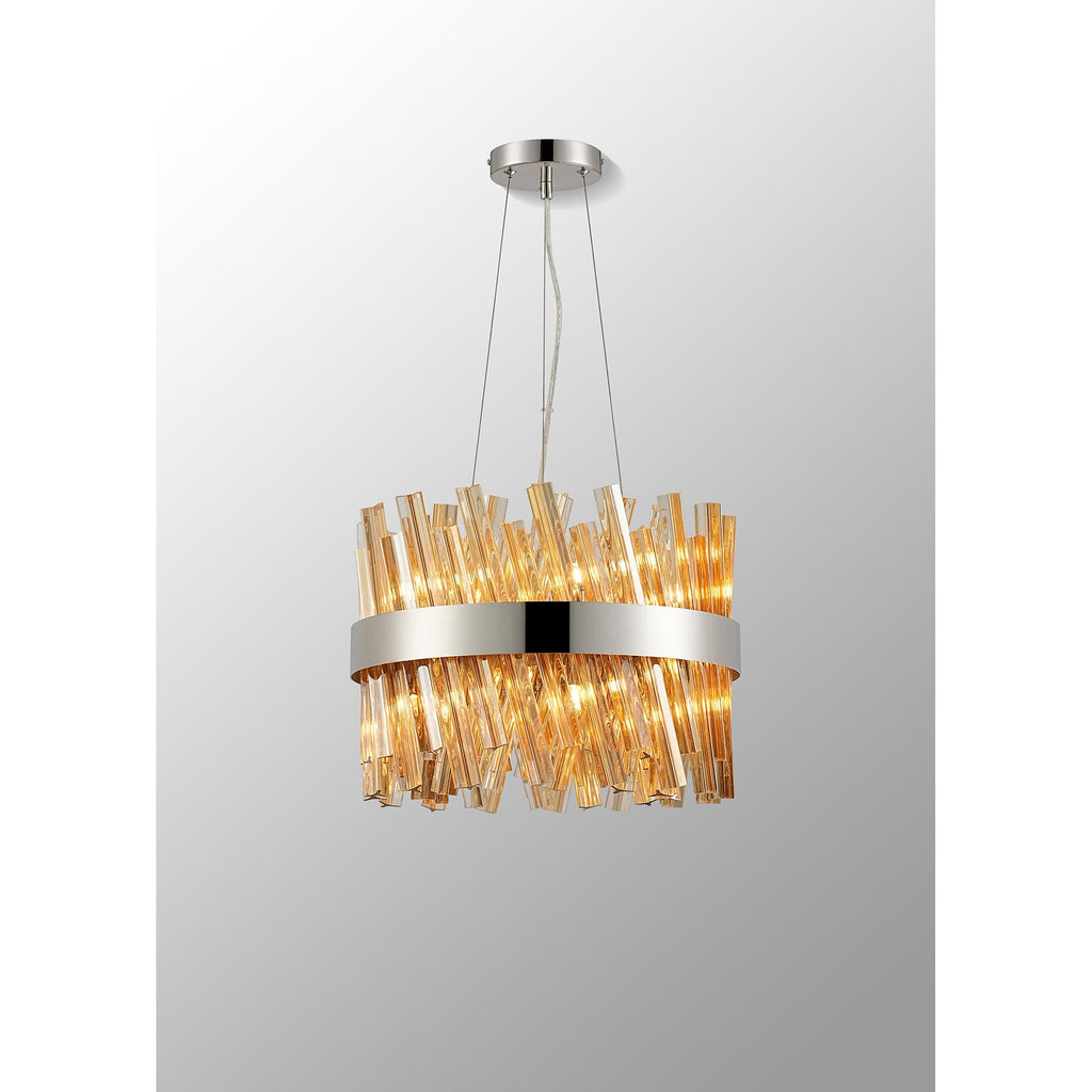 NL9498PN/AM9 Kaffer 10 Light Round Pendant Polished Nickel Amber