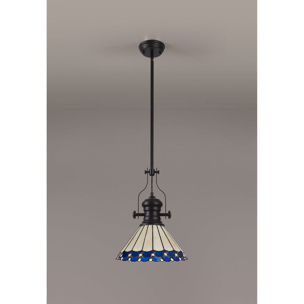 NLK15059 Louis, Umbrian 1 Light Pendant Matt Black Blue/Cream