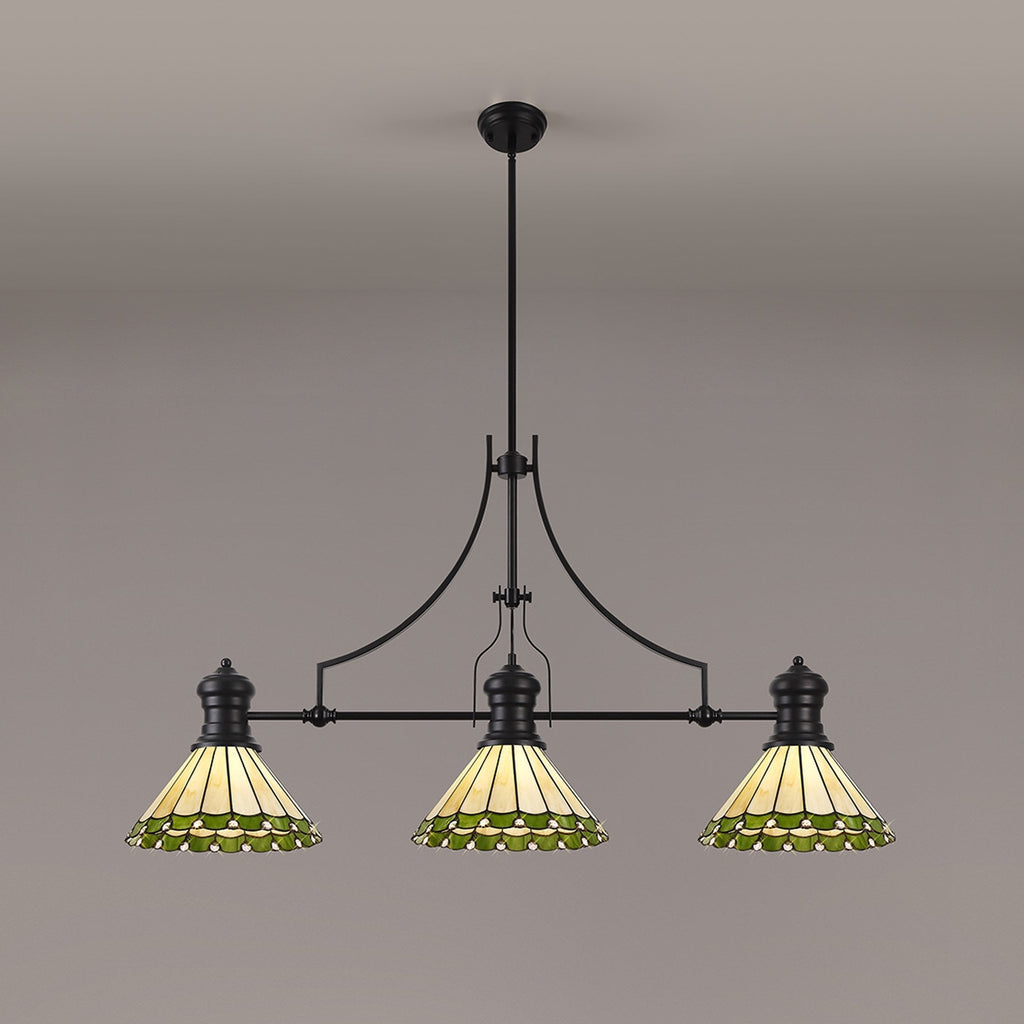 NLK15159 Louis, Umbrian 3 Light Linear Pendant Matt Black Green/Cream