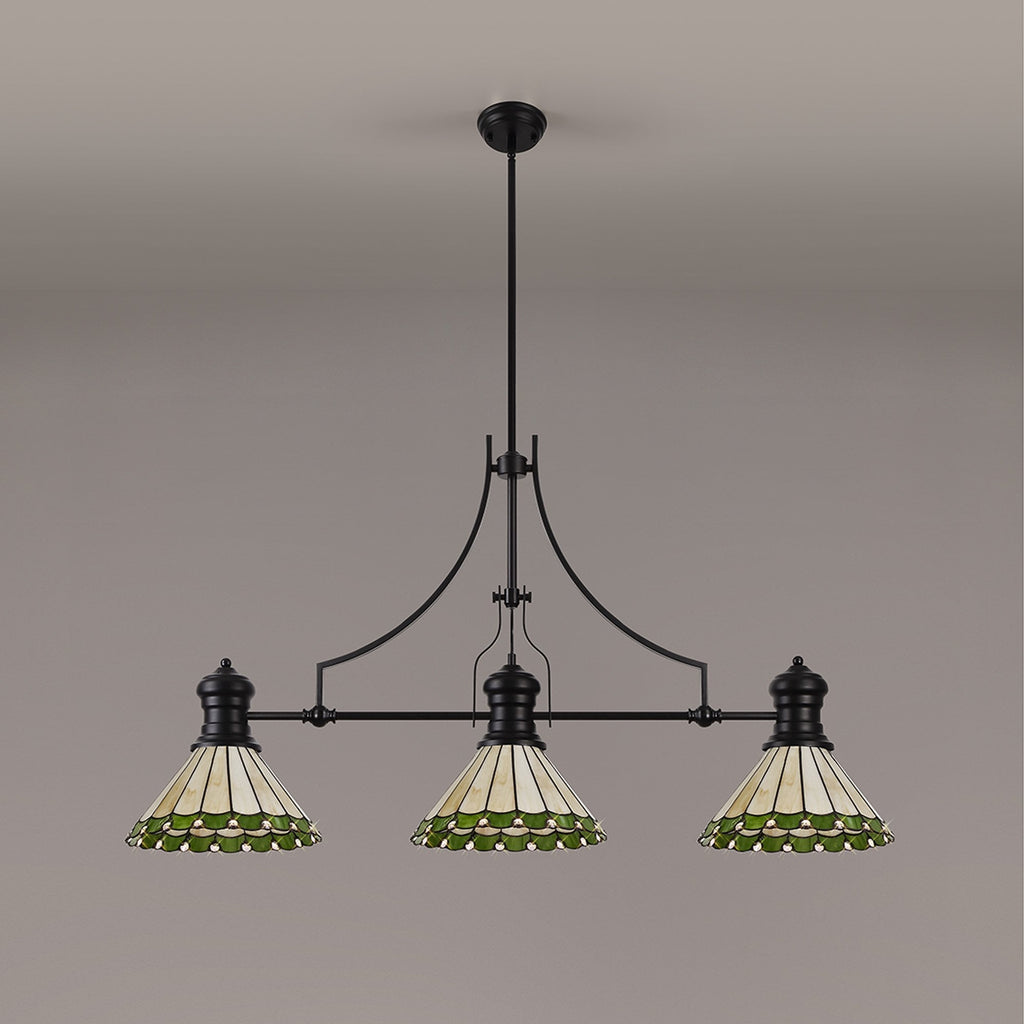 NLK15159 Louis, Umbrian 3 Light Linear Pendant Matt Black Green/Cream
