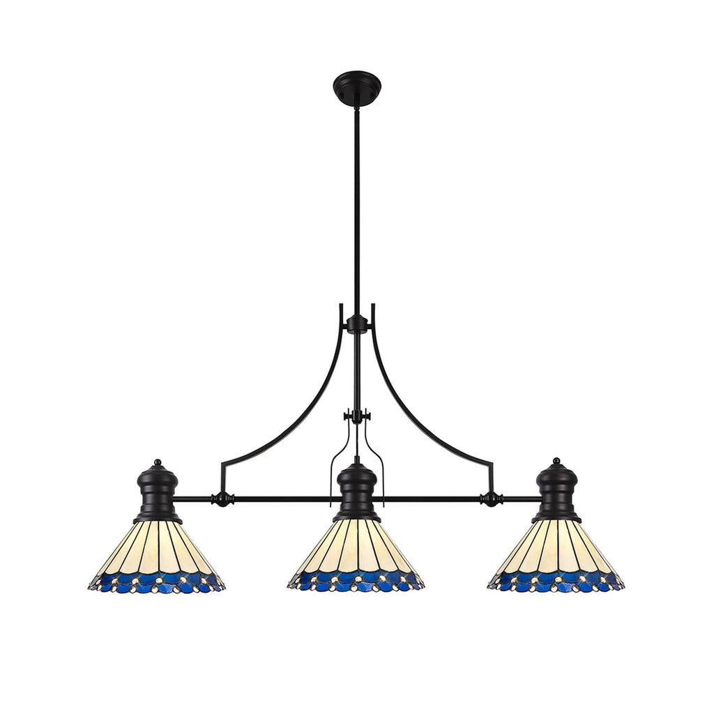 NLK15189 Louis, Umbrian 3 Light Linear Pendant Matt Black Blue/Cream