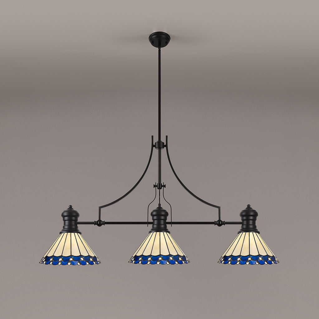 NLK15189 Louis, Umbrian 3 Light Linear Pendant Matt Black Blue/Cream