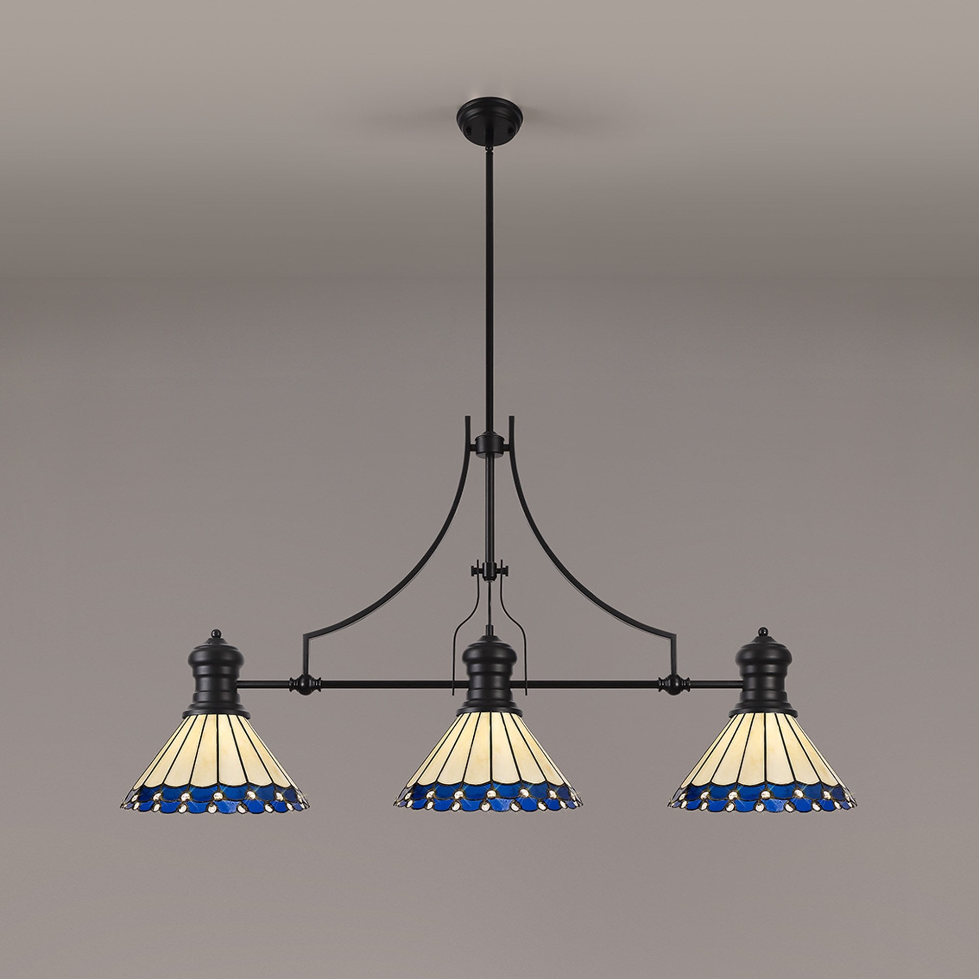 NLK15189 Louis, Umbrian 3 Light Linear Pendant Matt Black Blue/Cream