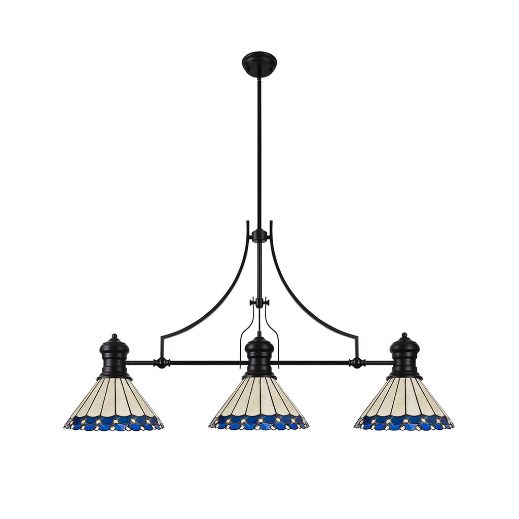 NLK15189 Louis, Umbrian 3 Light Linear Pendant Matt Black Blue/Cream
