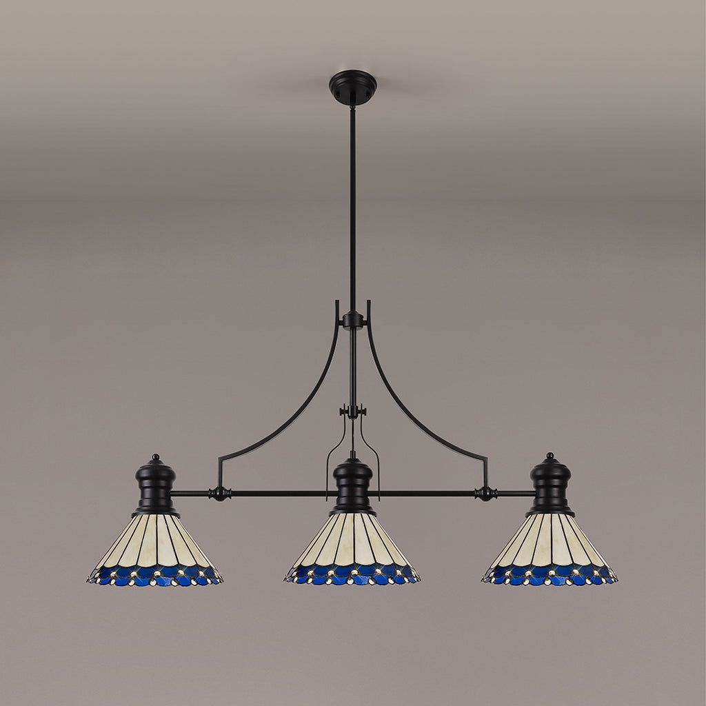 NLK15189 Louis, Umbrian 3 Light Linear Pendant Matt Black Blue/Cream