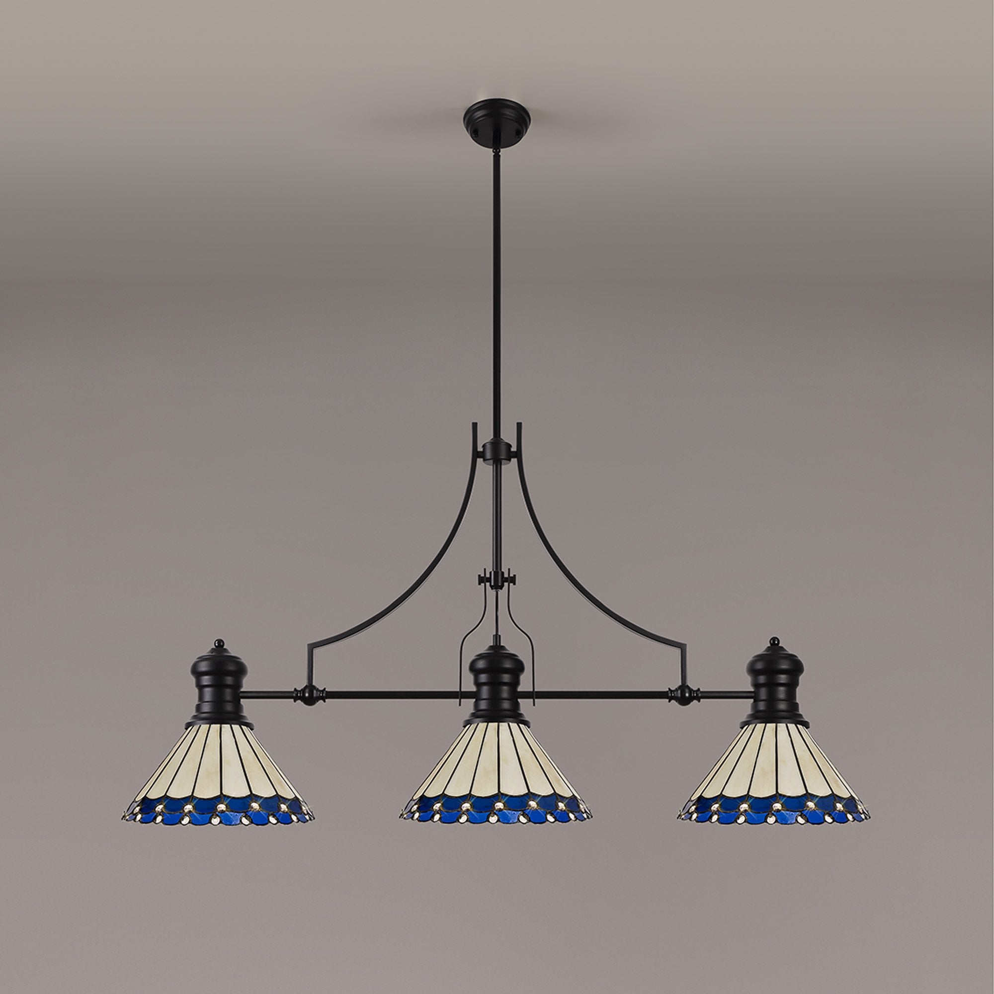 NLK15189 Louis, Umbrian 3 Light Linear Pendant Matt Black Blue/Cream