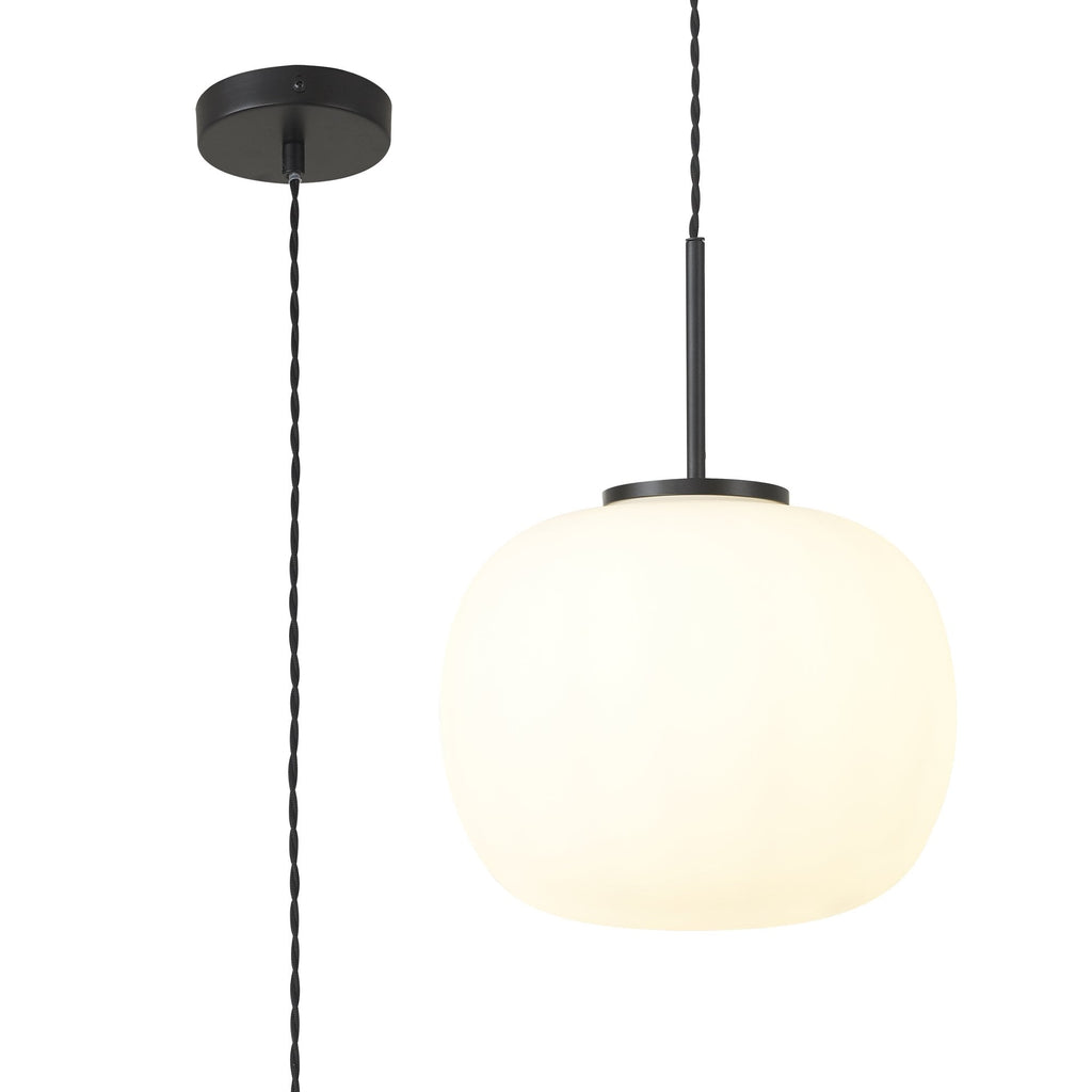 NL86409 Sabus Medium Oval Ball Pendant 1 Light E27 Matt Black Suspension With Frosted White Glass Globe