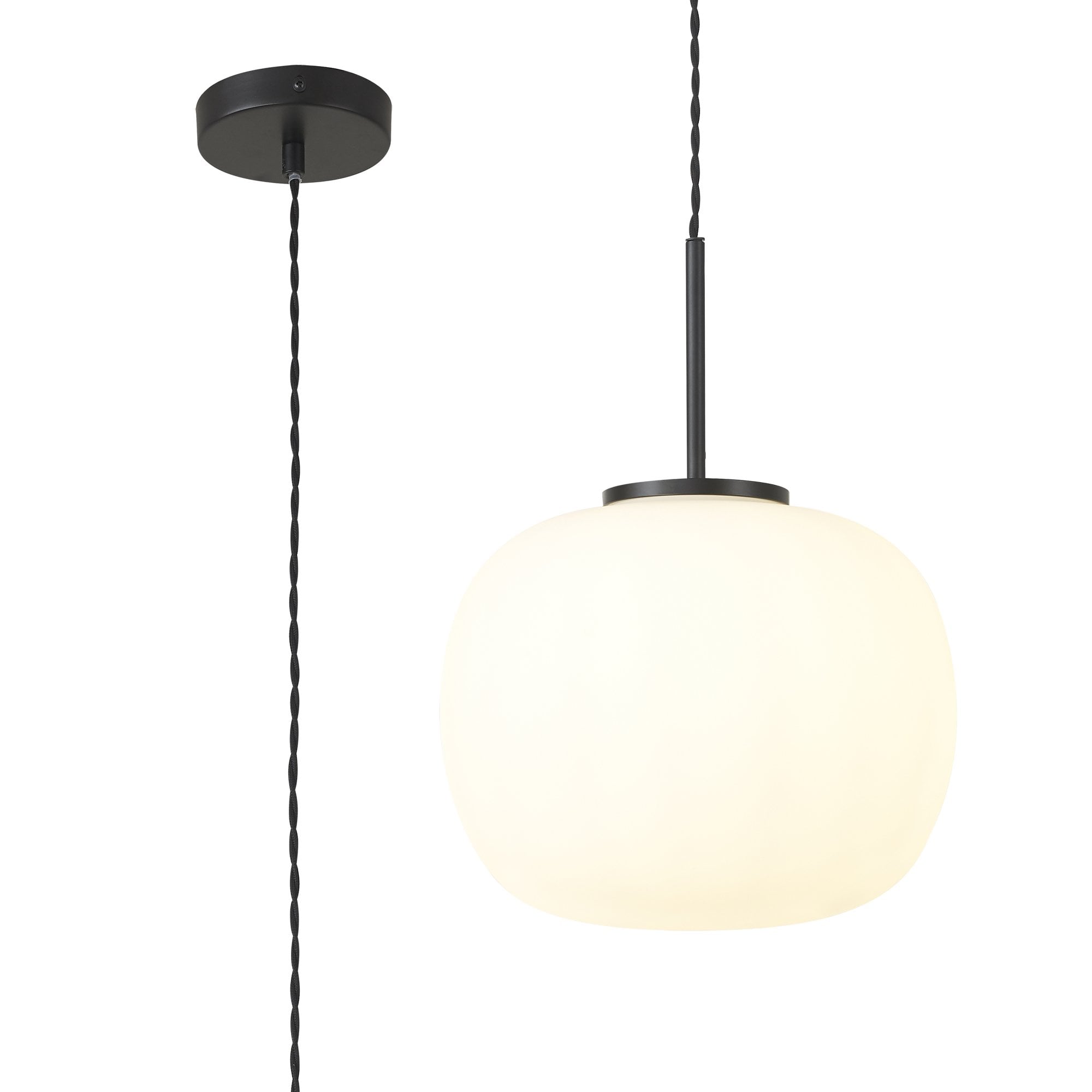 NL86409 Sabus Medium Oval Ball Pendant 1 Light E27 Matt Black Suspension With Frosted White Glass Globe