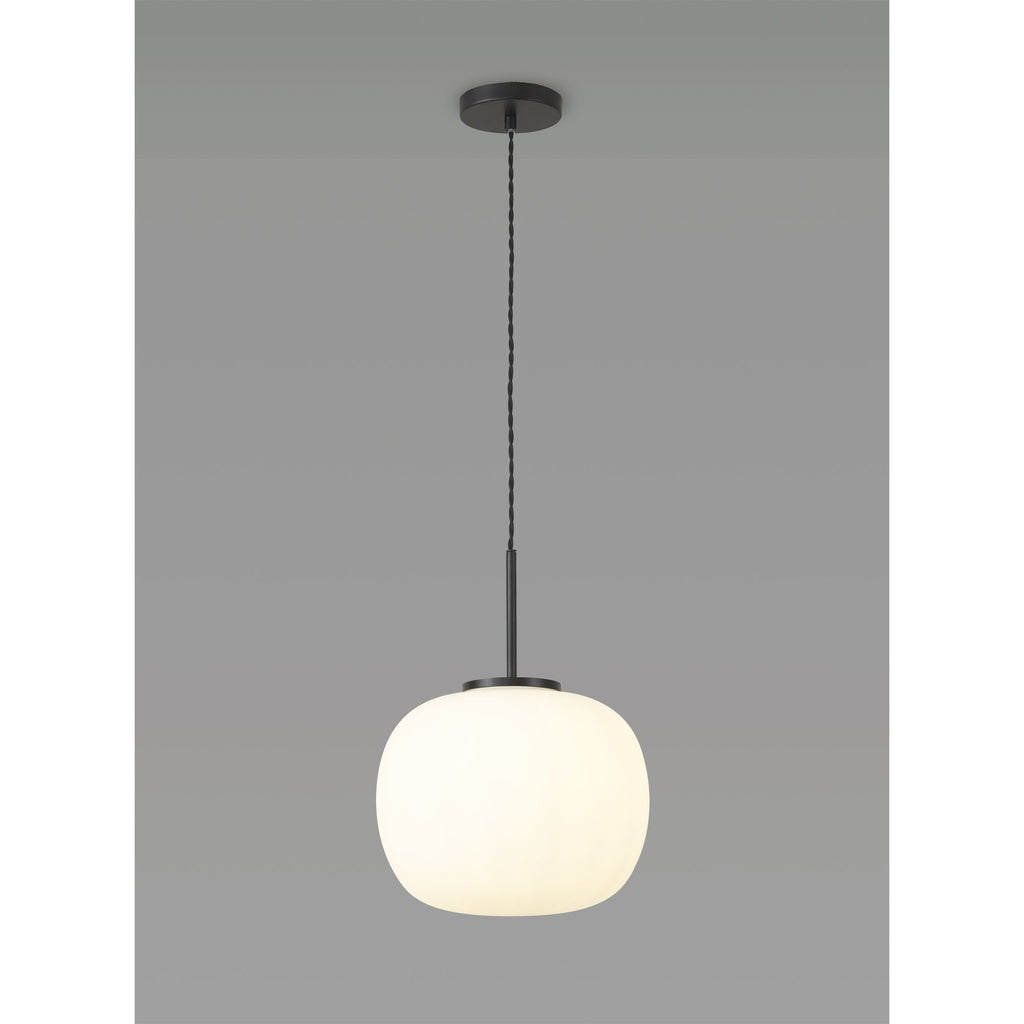 NL86409 Sabus Medium Oval Ball Pendant 1 Light E27 Matt Black Suspension With Frosted White Glass Globe
