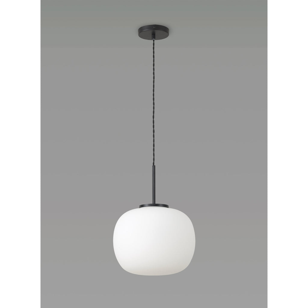 NL86409 Sabus Medium Oval Ball Pendant 1 Light E27 Matt Black Suspension With Frosted White Glass Globe