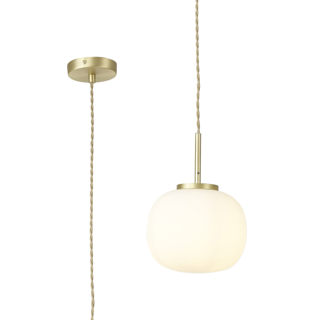 NL86489 Sabus Small Oval Ball Pendant 1 Light E27 Satin Gold Suspension With Frosted White Glass Globe