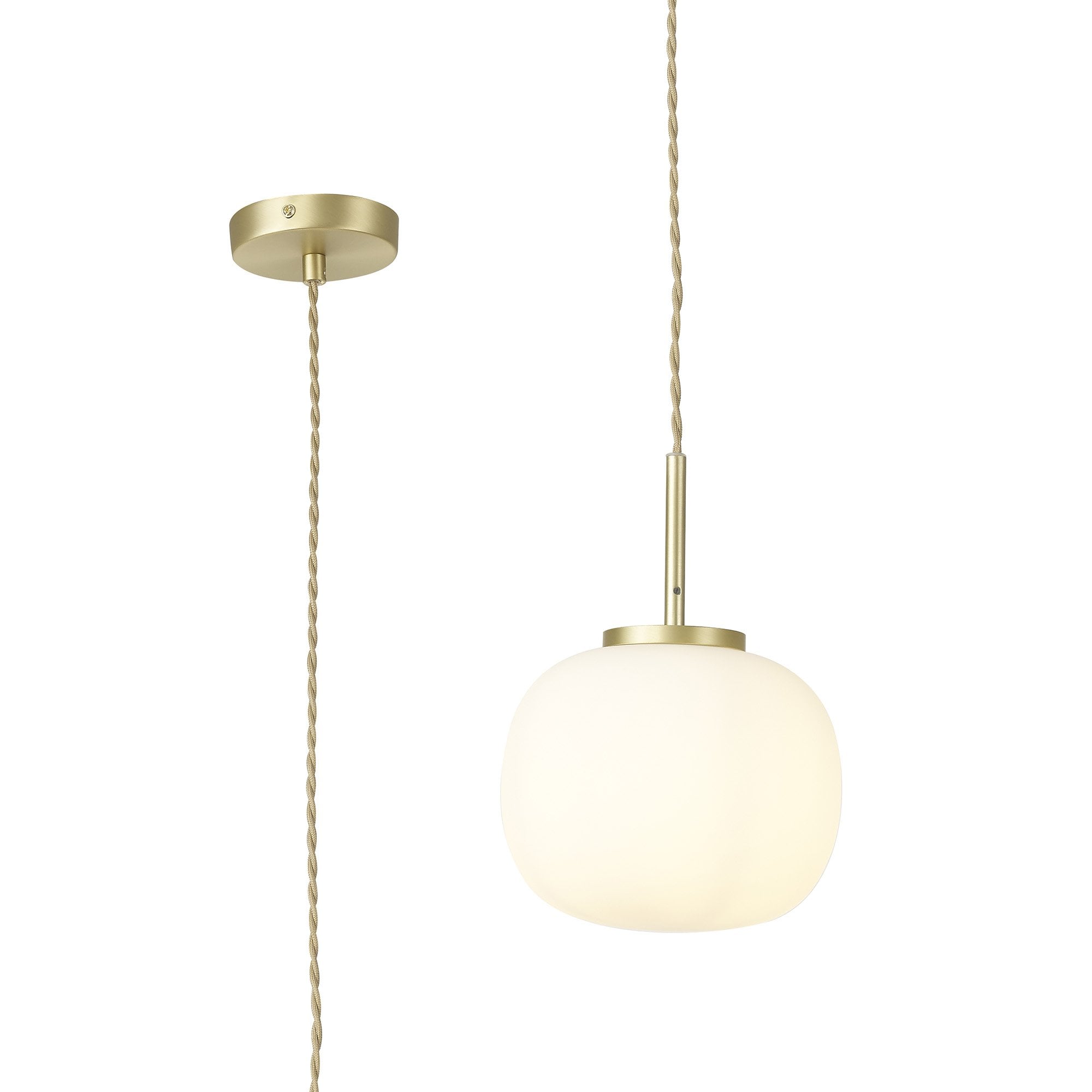 NL86489 Sabus Small Oval Ball Pendant 1 Light E27 Satin Gold Suspension With Frosted White Glass Globe