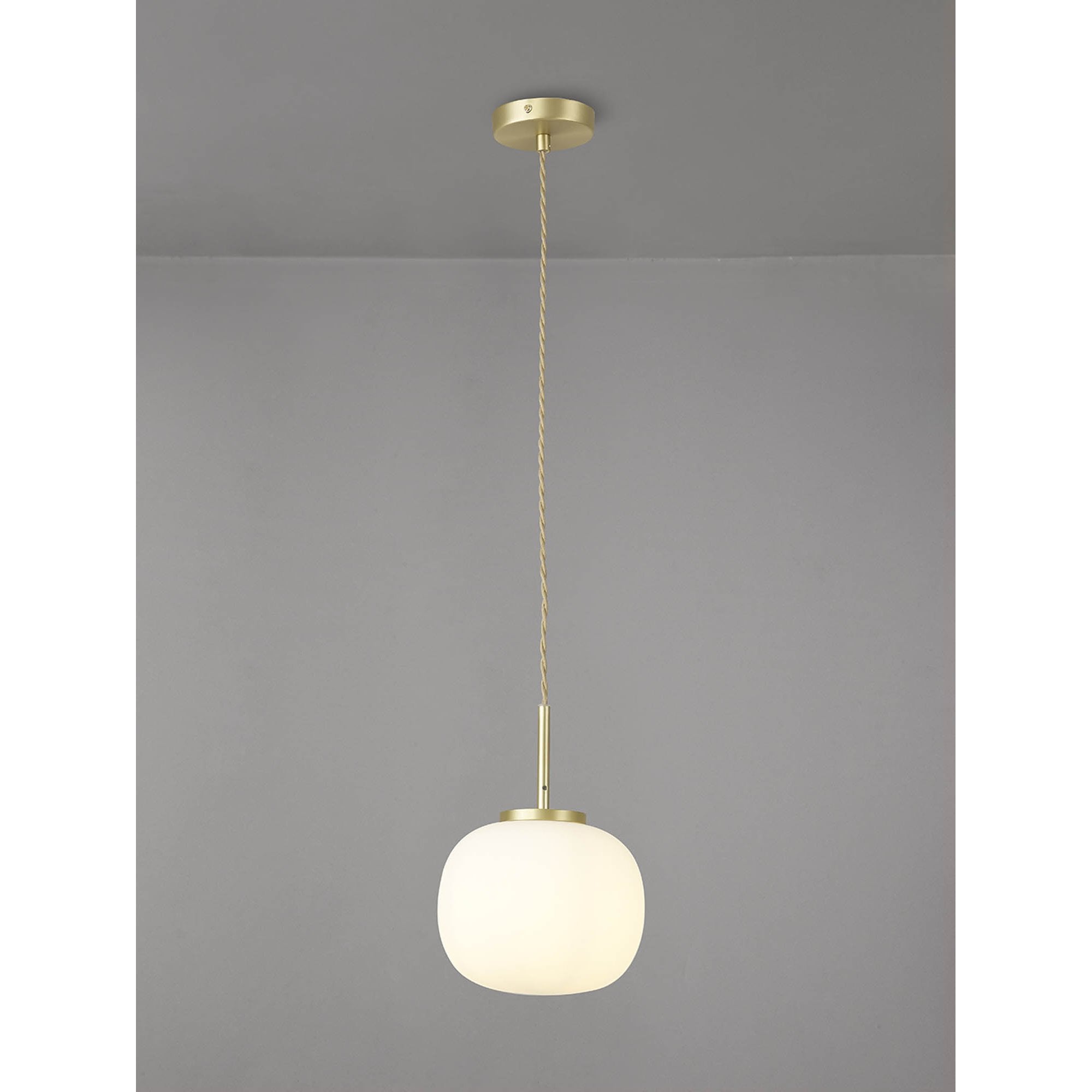NL86489 Sabus Small Oval Ball Pendant 1 Light E27 Satin Gold Suspension With Frosted White Glass Globe