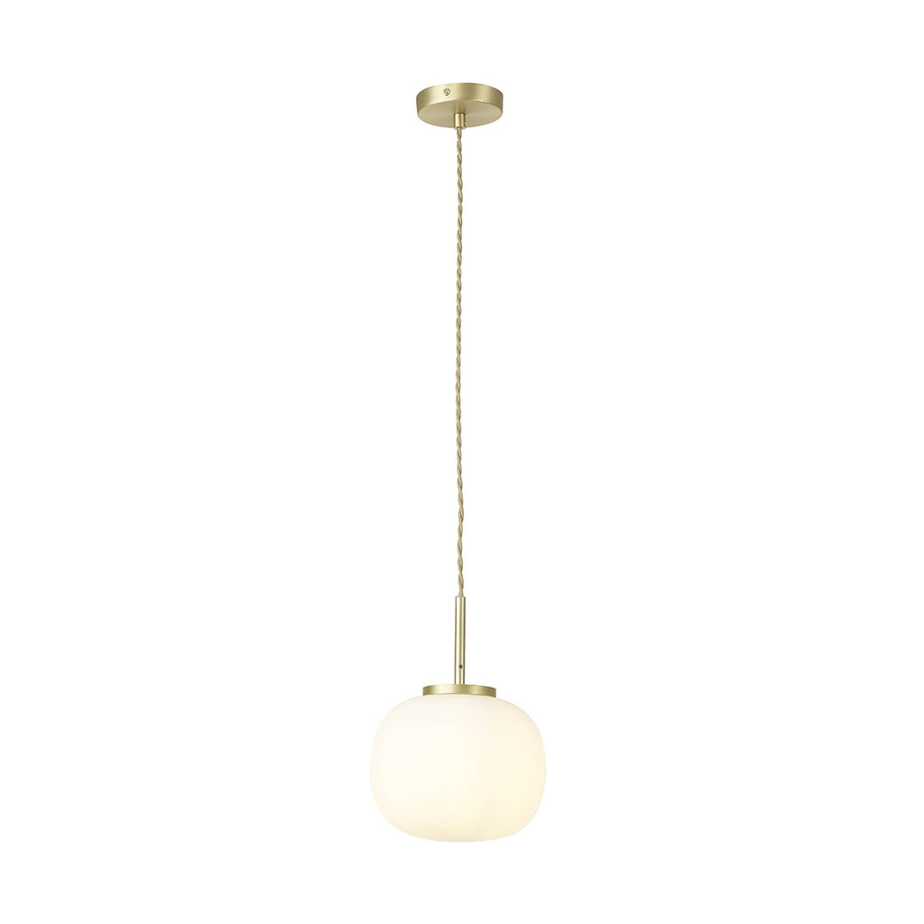 NL86489 Sabus Small Oval Ball Pendant 1 Light E27 Satin Gold Suspension With Frosted White Glass Globe