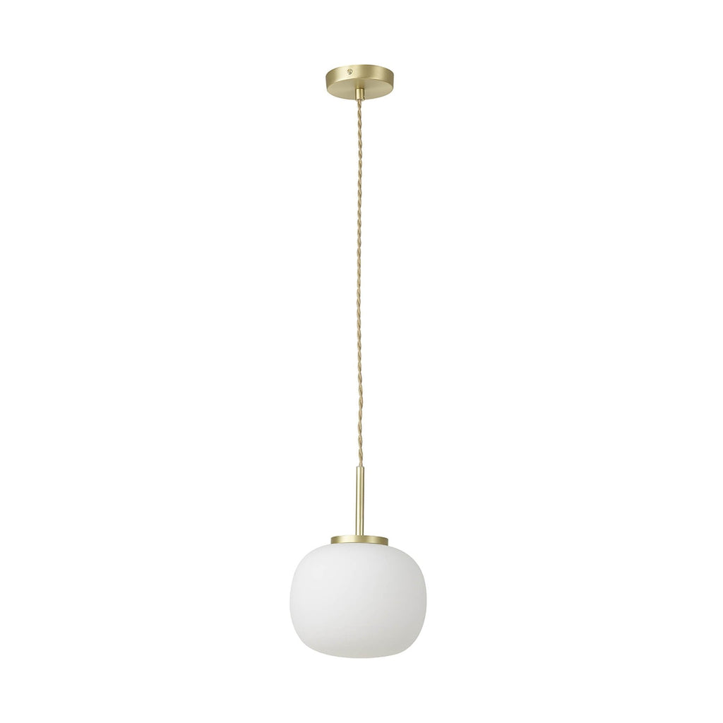 NL86489 Sabus Small Oval Ball Pendant 1 Light E27 Satin Gold Suspension With Frosted White Glass Globe